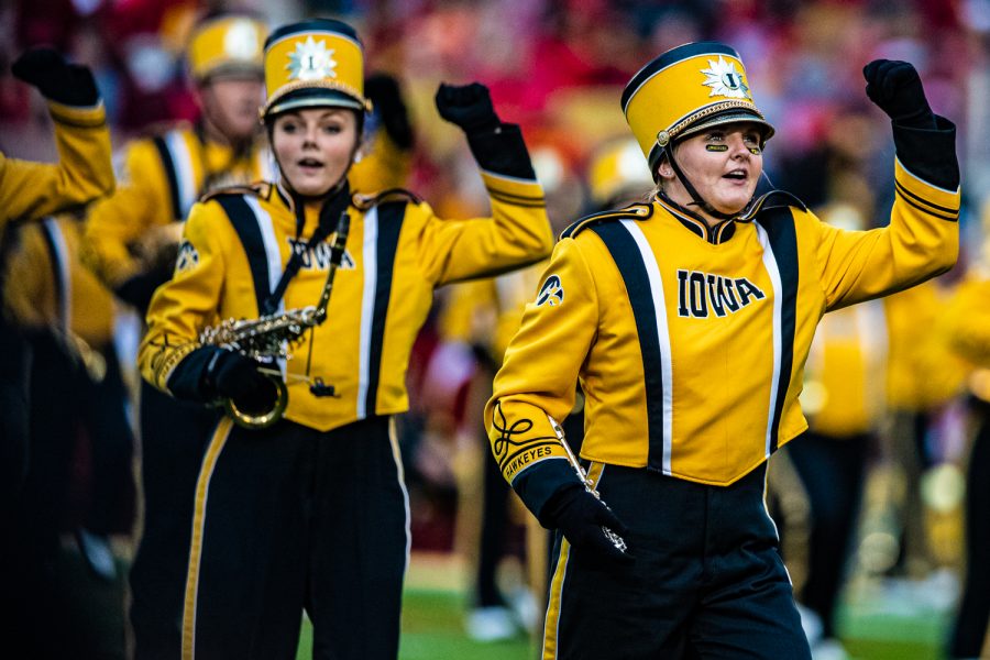 The Hawkeye Marching Band performs during a football game between Iowa and Iowa State at Jack Trice Stadium in Ames on Saturday, September 14, 2019. The Hawkeyes retained the Cy-Hawk Trophy for the fifth consecutive year, downing the Cyclones, 18-17.