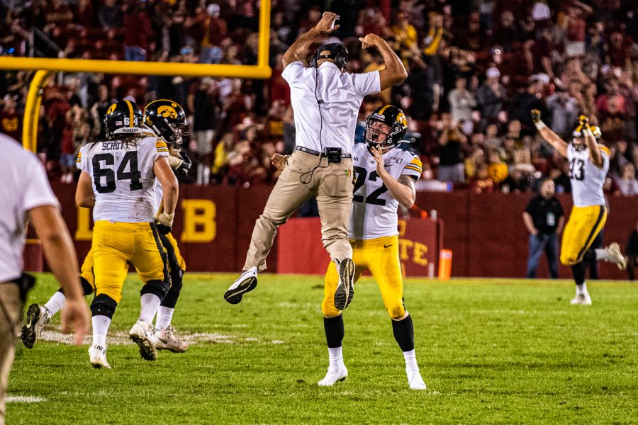 Iowa+players+and+coaches+celebrate+recovering+a+muffed+punt+during+a+football+game+between+Iowa+and+Iowa+State+at+Jack+Trice+Stadium+in+Ames+on+Saturday%2C+September+14%2C+2019.+The+Hawkeyes+retained+the+Cy-Hawk+Trophy+for+the+fifth+consecutive+year%2C+downing+the+Cyclones%2C+18-17.