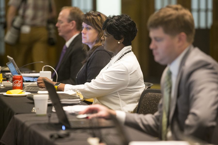 Vice President for Student Life Melissa Shivers listens during the Board of Regents meeting on September 13, 2018 in the IMU Main Lounge. University of Iowa President Bruce Herreld and others made various announcements before being interrupted by Faculty Forward, a protest group for the rights of untenured faculty members. (Katie Goodale/ The Daily Iowan)
