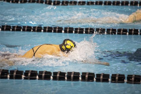 A Hawkeye swims breaststroke at the swim meet on Friday, October 4. The Iowa men won over Michigan State, 180 to 112. The Iowa women won over Michigan State 183 to 113. The women also won over Northern Iowa. 183 to 113. Michigan State won over Northern Iowa 180 to 120.  