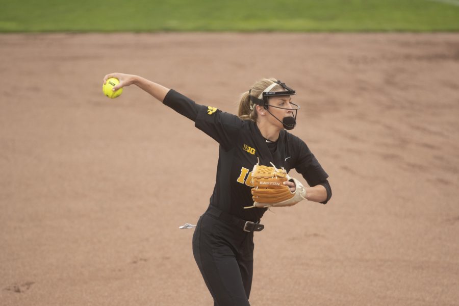 Iowa pitcher Allison Doocy winds up for a pitch at the Iowa softball game against Indian Hills at Pearl Field on Sunday, October 6th, 2019. The Hawkeyes defeated the Warriors 21-2.