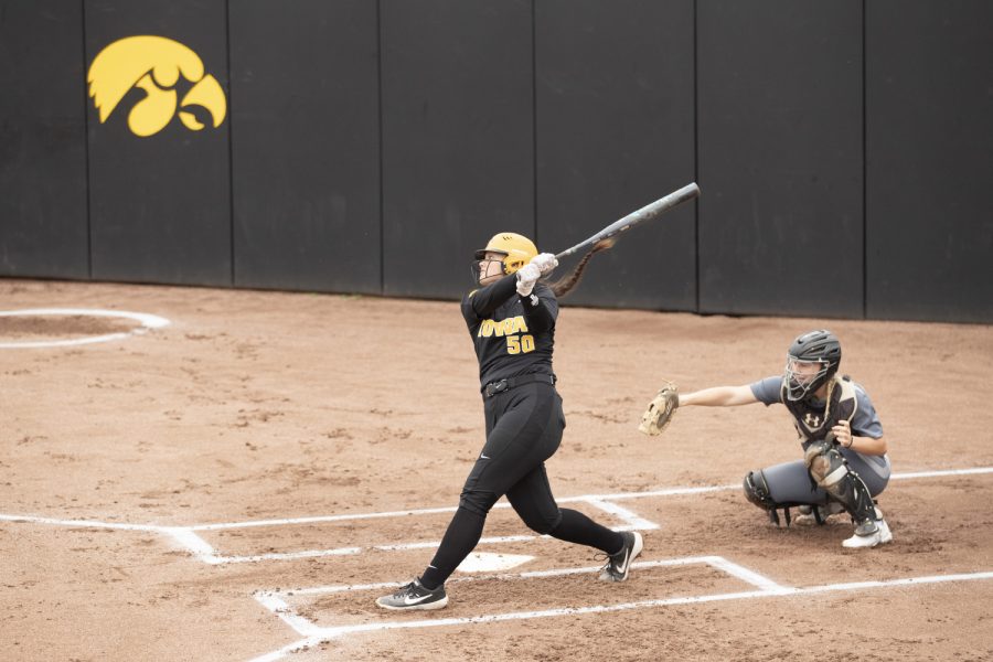 Iowa+infielder+Kalena+Burns+makes+a+hit+at+the+Iowa+softball+game+against+Indian+Hills+at+Pearl+Field+on+Sunday%2C+Oct.+6%2C+2019.