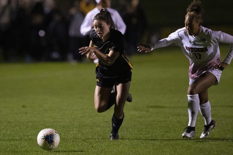 Iowa forward Devin Burns chases down the ball during the Iowa v Rutgers soccer game at the Iowa Soccer Complex on Friday, October 11, 2019. The Hawkeyes fell to the Scarlet Knights 0-1. 