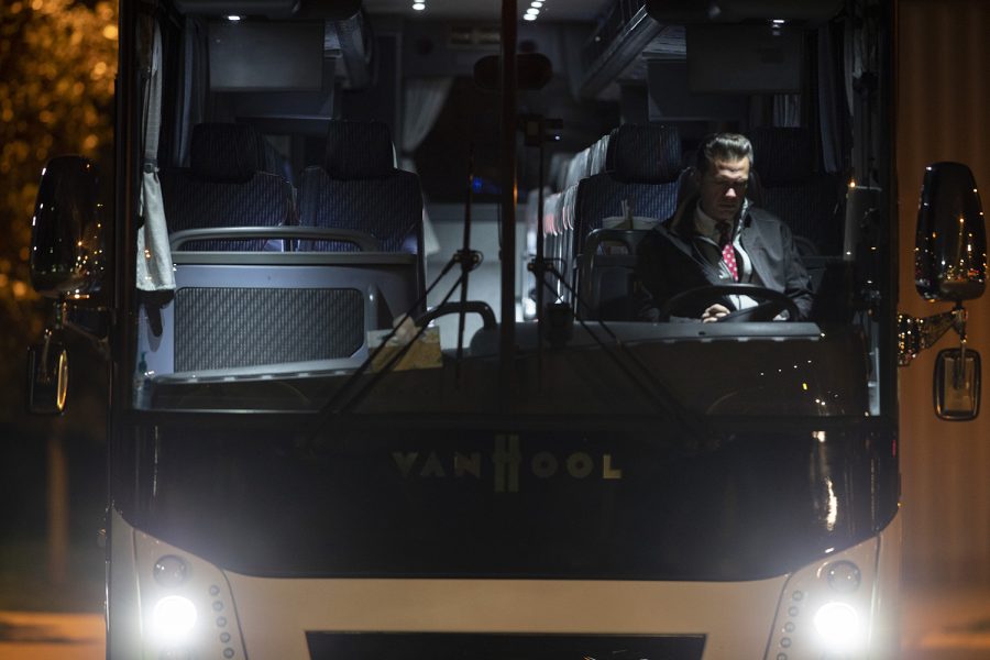 The Rutgers bus driver waits for the players to return after the Iowa v Rutgers soccer game at the Iowa Soccer Complex on Friday, October 11, 2019. The Hawkeyes fell to the Scarlet Knights 0-1. (Jenna Galligan/The Daily Iowan)