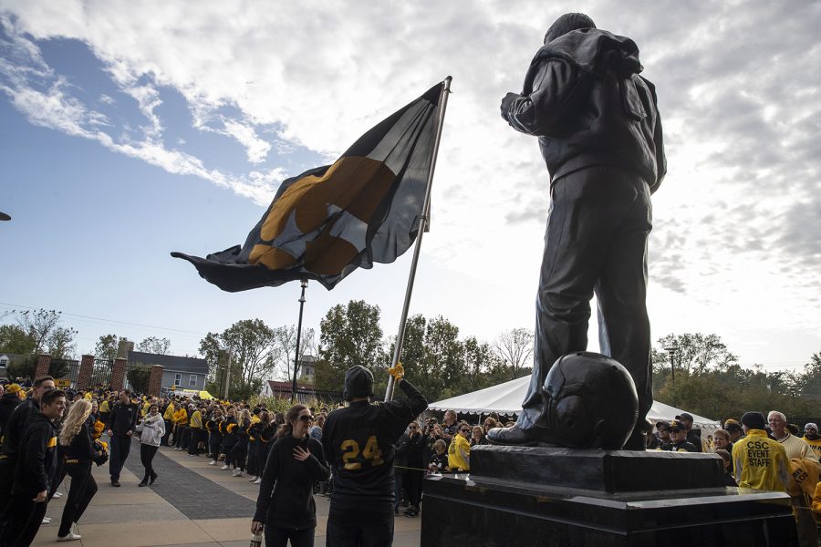 A crowd gathers for the Hawk-walk at Iowa football vs. Penn State game in Kinnick Stadium on Saturday, Oct. 12, 2019. 