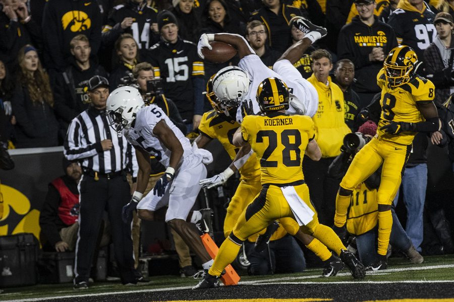 Penn State WR KJ Hamler scores a touchdown during the Iowa football vs. Penn State game in Kinnick Stadium on Saturday, Oct. 12, 2019. Penn State is leading Iowa 7-6 at the half. 