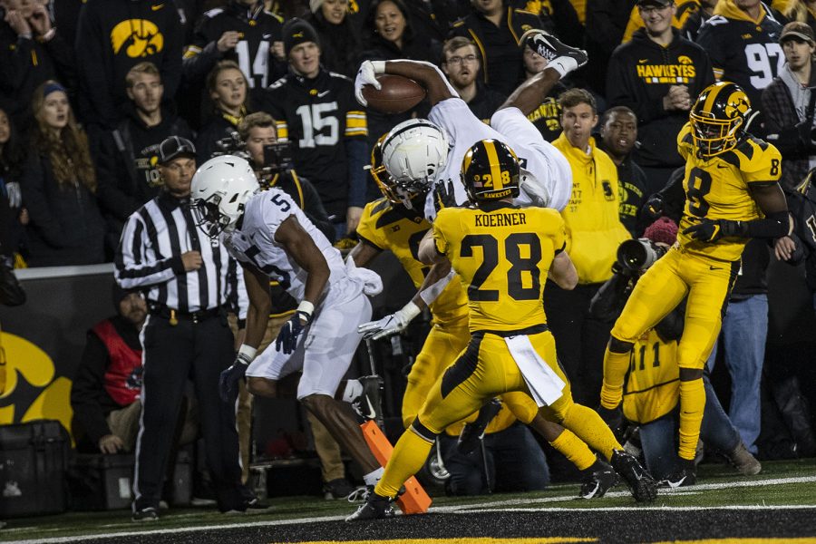 Penn State WR KJ Hamler scores a touchdown during the Iowa football vs. Penn State game in Kinnick Stadium on Saturday, Oct. 12, 2019. The Nittany Lions lead the Hawkeyes 7-6 at halftime. (Katie Goodale/The Daily Iowan)