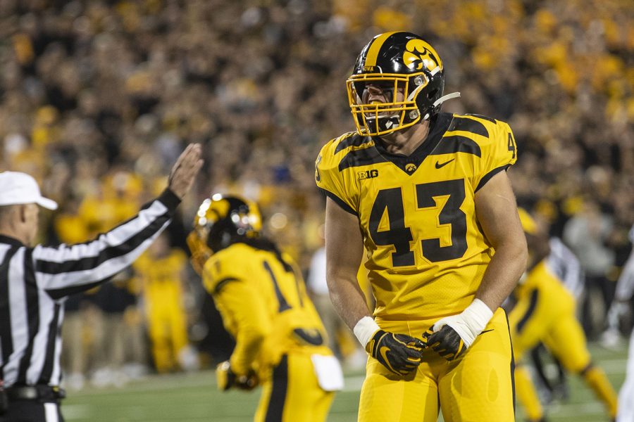 LB+Dillon+Doyle+celebrates+during+the+Iowa+football+vs.+Penn+State+game+in+Kinnick+Stadium+on+Saturday%2C+Oct.+12%2C+2019.+The+Nittany+Lions+defeated+the+Hawkeyes+17-12.+