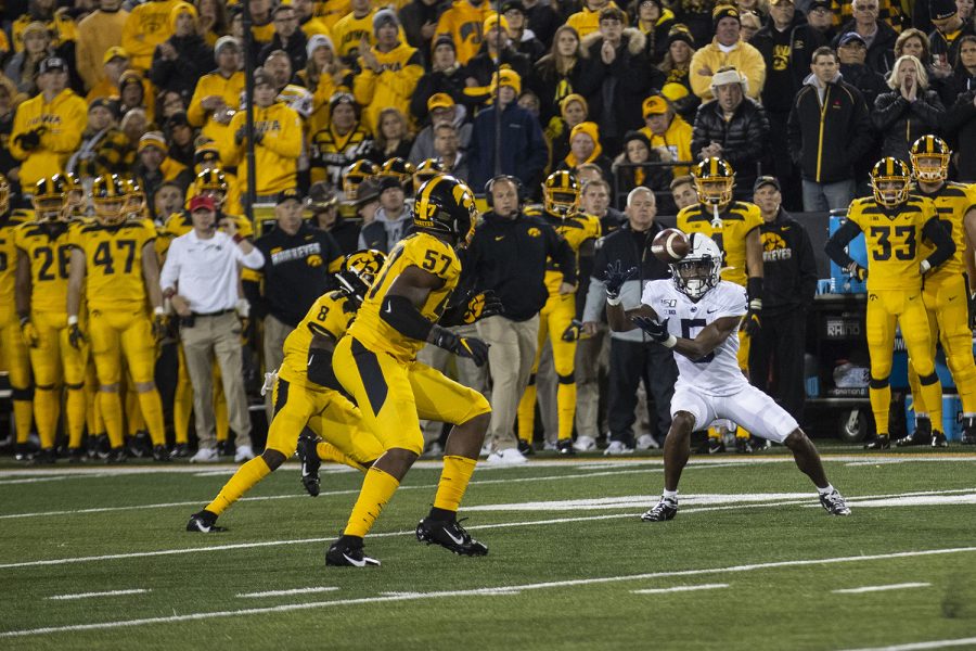 Penn State’s WR Jahan Dotson looks to catch a pass during the Iowa football vs. Penn State game in Kinnick Stadium on Saturday, Oct. 12, 2019. The Nittany Lions defeated the Hawkeyes 17-12.