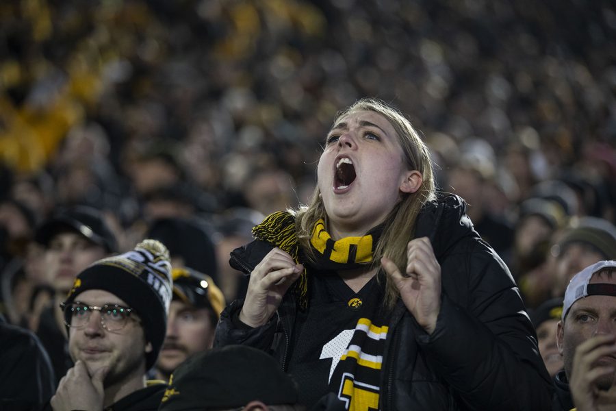A Hawkeye fan yells during the Iowa football vs. Penn State game in Kinnick Stadium on Saturday, Oct. 12, 2019. The Nittany Lions defeated the Hawkeyes 17-12. 