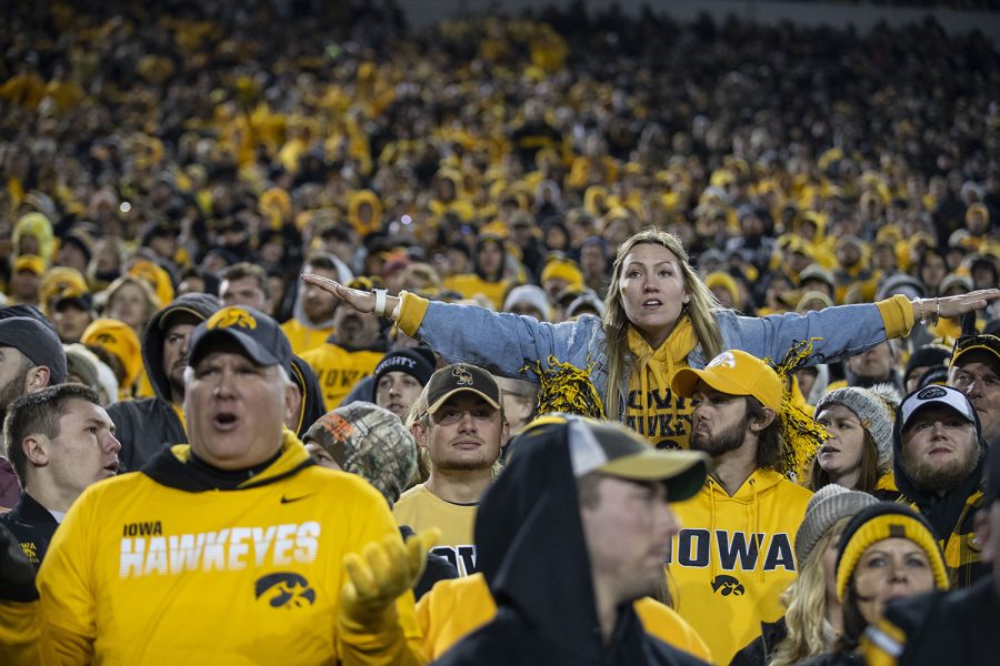 A hawkeye fan gestures to the refs during the Iowa football vs. Penn State game in Kinnick Stadium on Saturday, Oct. 12, 2019. The Nittany Lions defeated the Hawkeyes 17-12. 