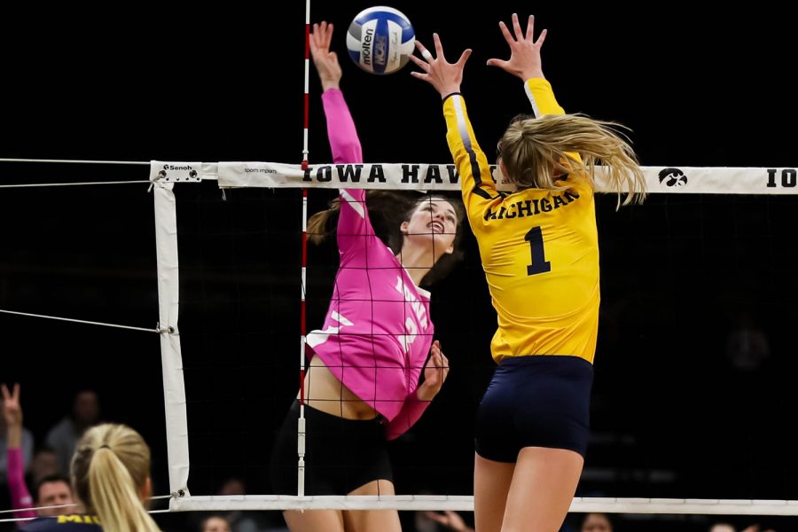 Iowa+rightside+hitter+Courtney+Buzzerio+spikes+the+ball+during+a+volleyball+match+between+Iowa+and+Michigan+at+Carver+Hawkeye+Arena+on+Friday%2C+October+11%2C+2019.+The+Hawkeyes+were+defeated+3-1.