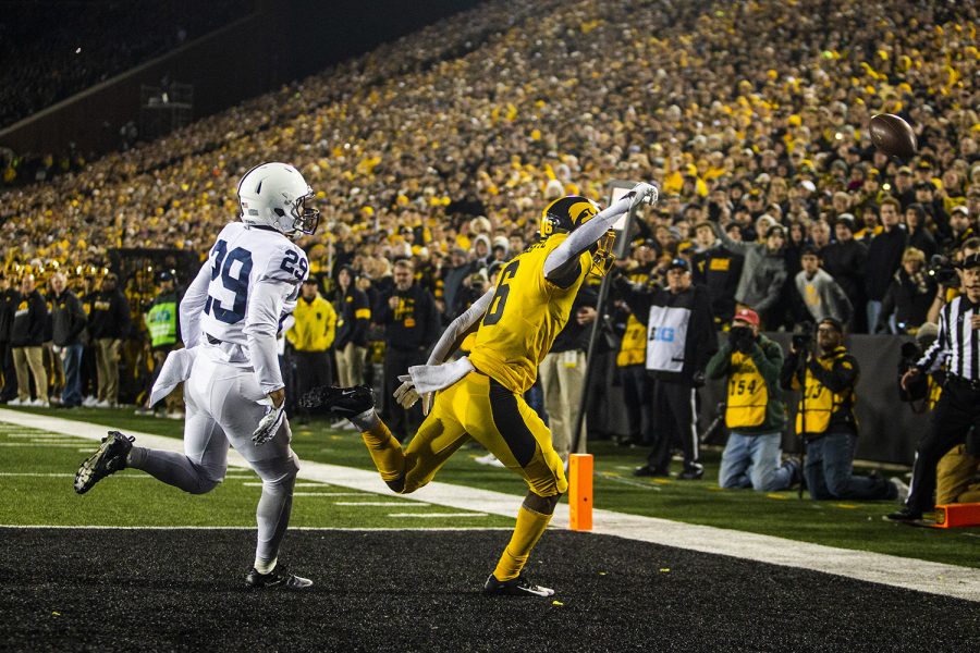 Iowa wide receiver Ihmir Smith-Marsette reaches for a touchdown pass during the Iowa football game against Penn State in Iowa City on Saturday, Oct. 12, 2019. The Nittany Lions defeated the Hawkeyes 17-12.