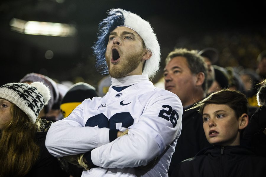 A Penn State fan reacts to a play during the Iowa football game against Penn State in Iowa City on Saturday, Oct. 12, 2019. The Nittany Lions defeated the Hawkeyes 17-12.