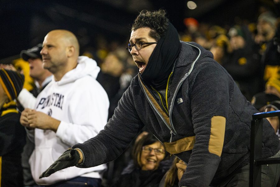 An Iowa fan reacts during the Iowa football game against Penn State in Iowa City on Saturday, Oct. 12, 2019. The Nittany Lions defeated the Hawkeyes 17-12.