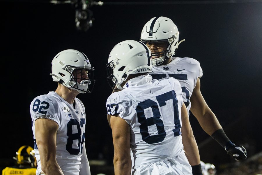 Penn State players cheer during the Iowa football game against Penn State in Iowa City on Saturday, Oct. 12, 2019. The Nittany Lions defeated the Hawkeyes 17-12.