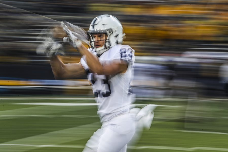 Penn State wide receiver Weston Carr catches a pass during the Iowa football game against Penn State in Iowa City on Saturday, Oct. 12, 2019. The Nittany Lions defeated the Hawkeyes 17-12.