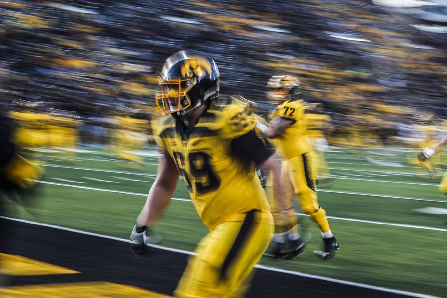Iowa offensive lineman Tyler Endres warms up before the Iowa football game against Penn State in Iowa City on Saturday, Oct. 12, 2019. The Nittany Lions defeated the Hawkeyes 17-12.
