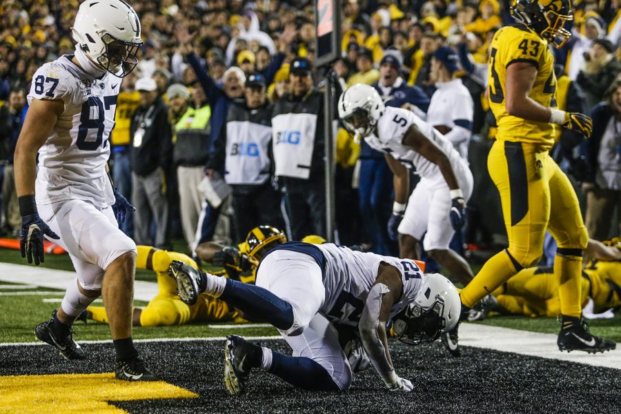 Penn State running back Noah Cain scores a touchdown during the Iowa football game against Penn State in Iowa City on Saturday, Oct. 12, 2019. The Nittany Lions defeated the Hawkeyes 17-12.