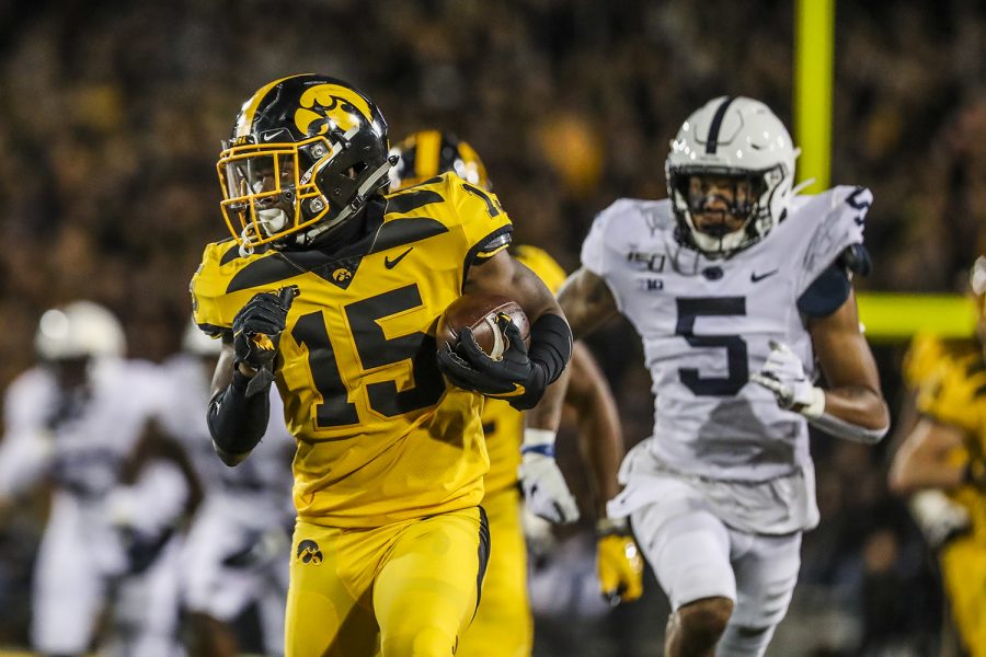 Iowa running back Tyler Goodson carries the ball during the Iowa football game against Penn State in Iowa City on Saturday, Oct. 12, 2019. The Nittany Lions defeated the Hawkeyes 17-12.
