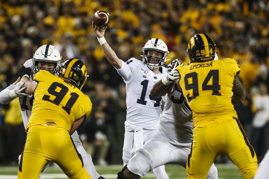 Penn State quarterback Sean Clifford throws a pass during the Iowa football game against Penn State in Iowa City on Saturday, Oct. 12, 2019. The Nittany Lions defeated the Hawkeyes 17-12.