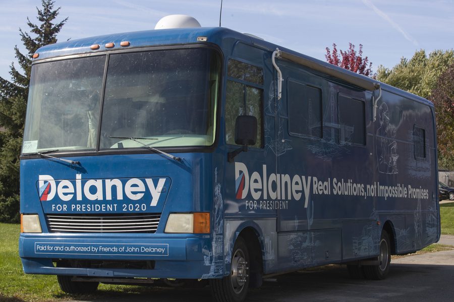 John Delaney’s bus is seen outside Moxie Solar in North Liberty, IA, on Friday, Oct. 18, 2019. The visit was part of John Delaney’s Heartland Startup Tour. (Jenna Galligan/The Daily Iowan)