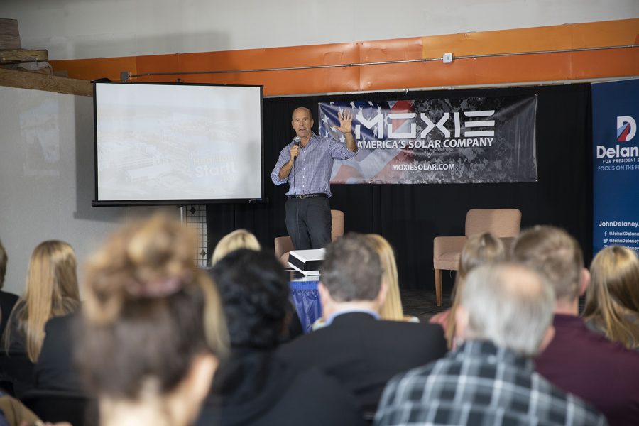 2020 Democratic Candidate and former Maryland Congressman John Delaney speaks at Moxie Solar in North Liberty, IA, on Friday, Oct. 18, 2019. The visit was part of John Delaney’s Heartland Startup Tour. (Jenna Galligan/The Daily Iowan)