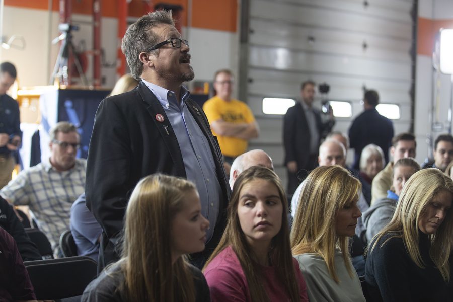 An attendee asks a question at Moxie Solar in North Liberty, IA, on Friday, Oct. 18, 2019. The visit was part of John Delaney’s Heartland Startup Tour. (Jenna Galligan/The Daily Iowan)