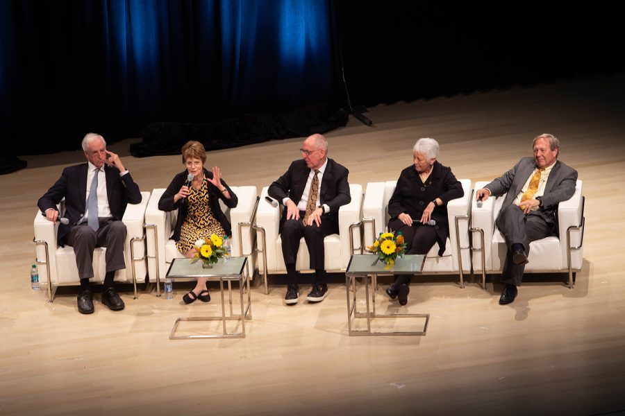 Former UI President Mary Sue Coleman (1995-2002) speaks during a panel discussion by four former University of Iowa Presidents and current UI President Bruce Harreld on Friday, Oct. 18, 2019 in the Voxman concert hall. The event coincided with the unveiling of portraits of former UI Presidents Mary Sue Coleman, David Skorton, and Sally Mason, which will be on display on the fifth floor of the UI Main Library. 