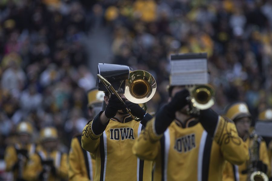 The Iowa marching band performs the halftime show during the Iowa football game against Purdue at Kinnick Stadium on Saturday, Oct. 19, 2019. The Hawkeyes defeated the Boilermakers 26-20. 