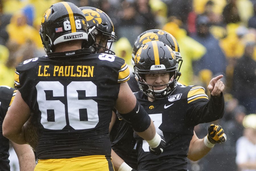Iowa+kicker+Keith+Duncan+points+to+the+stands+during+the+Iowa+football+game+against+Purdue+at+Kinnick+Stadium+on+Saturday%2C+Oct.+19%2C+2019.+Duncan+scored+two+field+goals+during+the+first+quarter%2C+scoring+the+first+six+points+in+the+game+for+Iowa.+The+Hawkeyes+defeated+the+Boilermakers+26-20.+