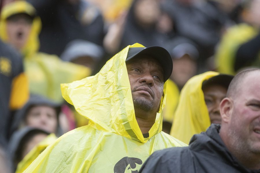 An Iowa fan reacts to a call during the Iowa football game against Purdue at Kinnick Stadium on Saturday, Oct. 19, 2019. The Hawkeyes defeated the Boilermakers 26-20.