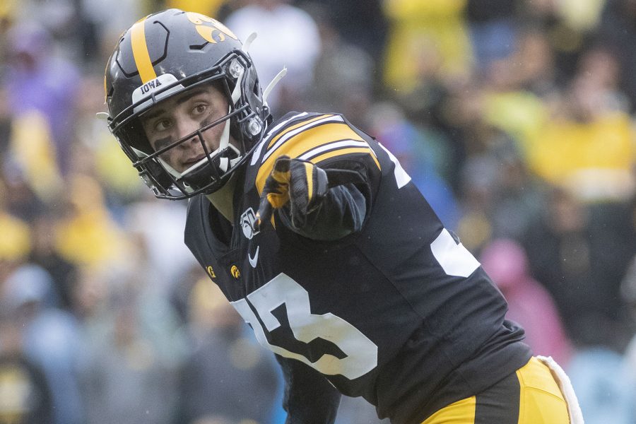 Iowa wide receiver Jackson Anthrop gets set for a play during the Iowa football game against Purdue at Kinnick Stadium on Saturday, Oct. 19, 2019. The Hawkeyes defeated the Boilermakers 26-20.