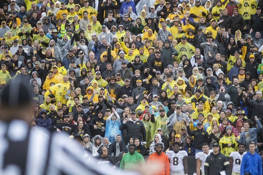 Iowa fans protest a call during the Iowa football game against Purdue at Kinnick Stadium on Saturday, Oct. 19, 2019. The Hawkeyes defeated the Boilermakers 26-20.