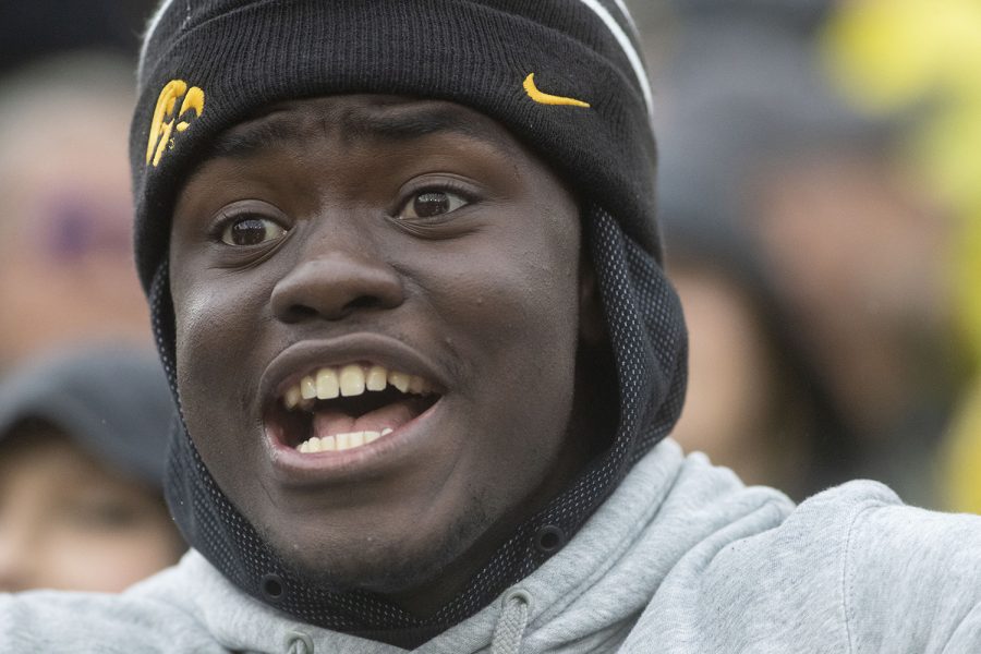 An Iowa fan yells, “Who was that to?” after an incomplete pass during the Iowa football game against Purdue at Kinnick Stadium on Saturday, Oct. 19, 2019. The Hawkeyes defeated the Boilermakers 26-20.