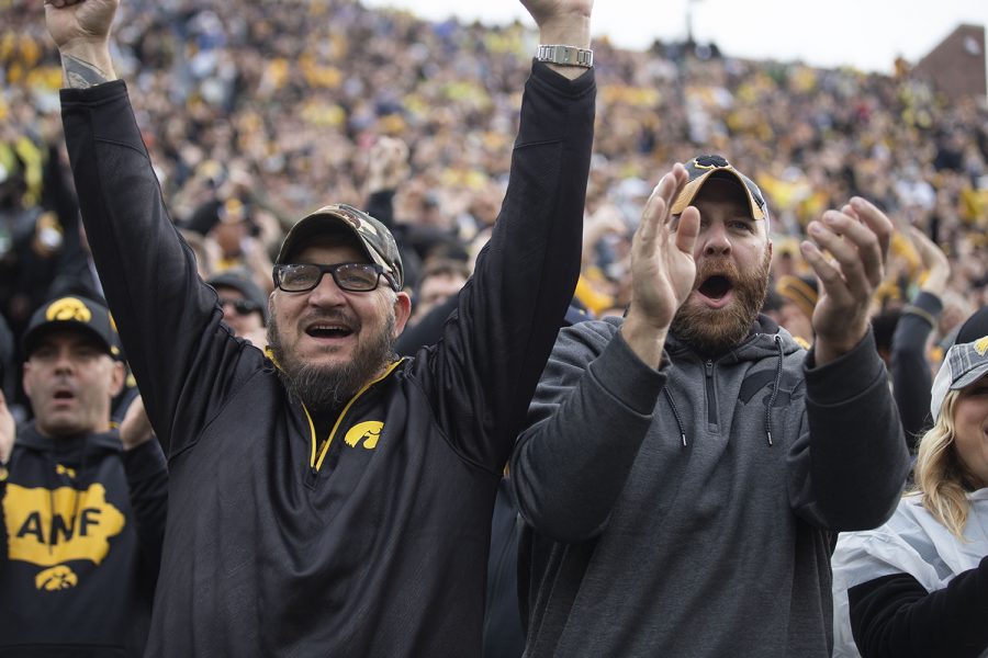 Fans cheer during the Iowa football game against Purdue at Kinnick Stadium on Saturday, Oct. 19, 2019. The Hawkeyes defeated the Boilermakers 26-20. 