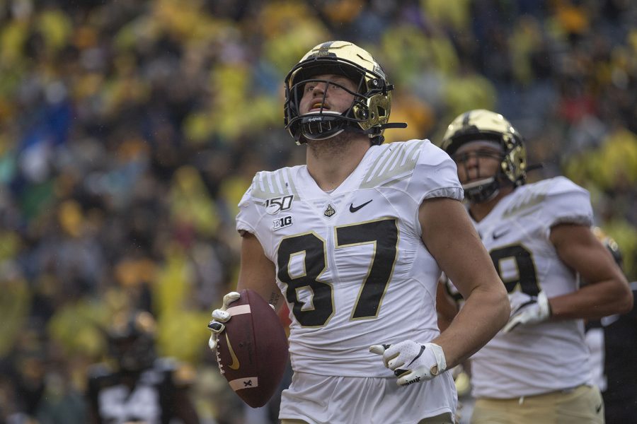 Purdue tight end Payne Durham runs through the end zone after scoring a touchdown during the Iowa football game against Purdue at Kinnick Stadium on Saturday, Oct. 19, 2019. The Hawkeyes defeated the Boilermakers 26-20. 