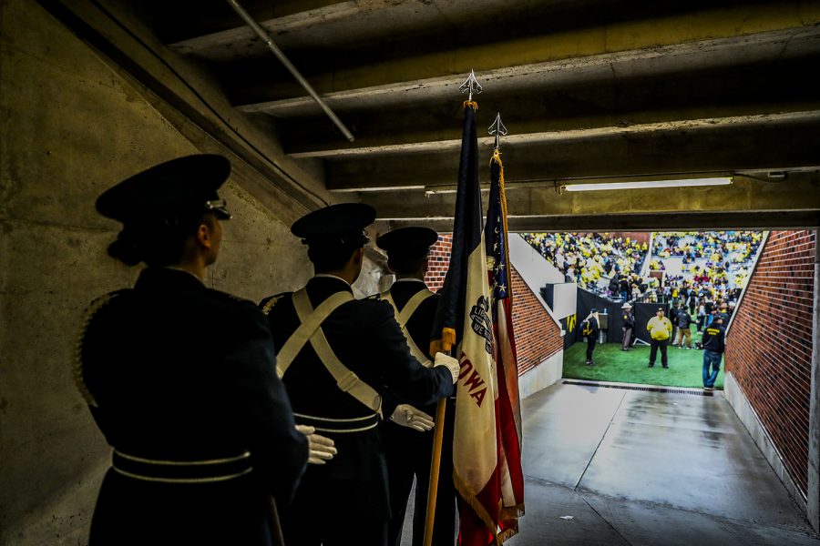 Members of the UI Army ROTC color guard prepare to enter the field before the Iowa football game against Purdue at Kinnick Stadium on Saturday, Oct. 19, 2019. The Hawkeyes defeated the Boilermakers 26-20.