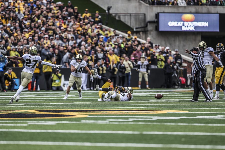 Purdue safety Navon Mosley reacts to a call during the Iowa football game against Purdue at Kinnick Stadium on Saturday, Oct. 19, 2019. The Hawkeyes defeated the Boilermakers 26-20.