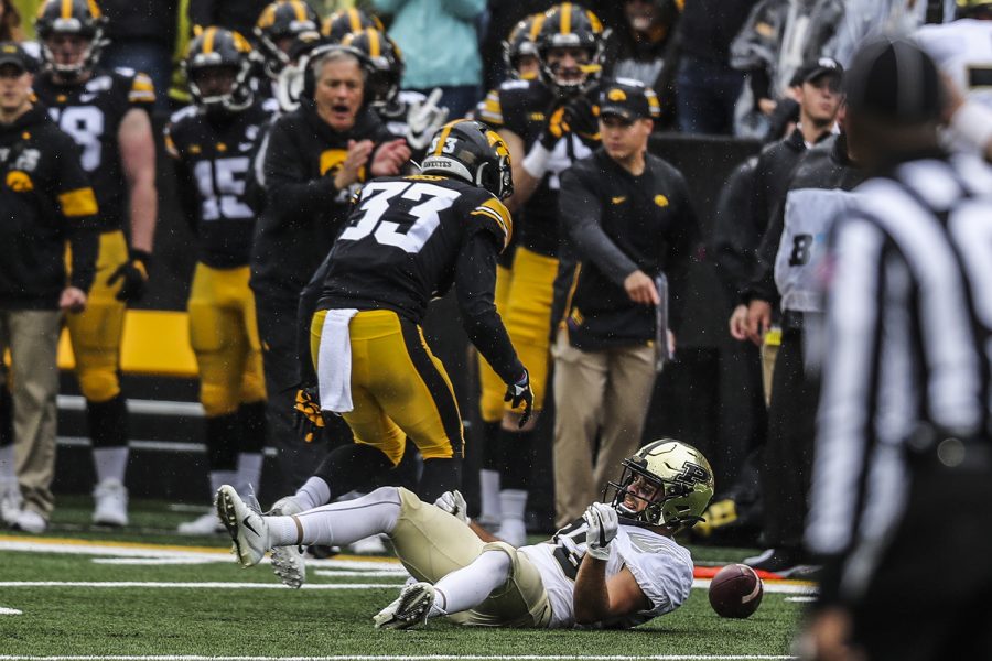 Iowa cheers as defensive back Riley Moss makes a play during the Iowa football game against Purdue at Kinnick Stadium on Saturday, Oct. 19, 2019. The Hawkeyes defeated the Boilermakers 26-20.
