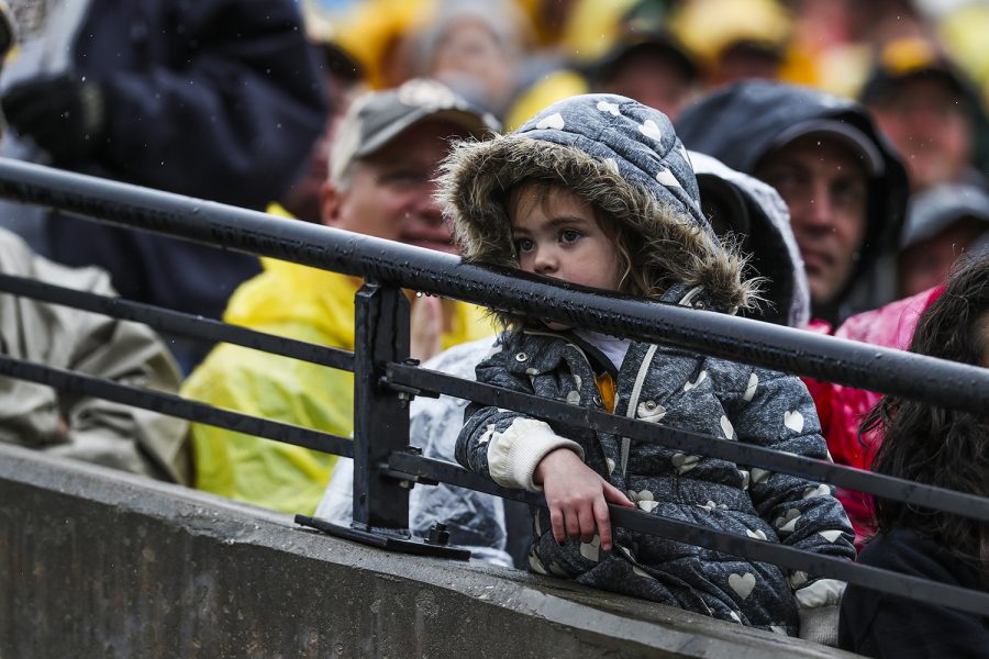 A young fan reacts to a call during the Iowa football game against Purdue at Kinnick Stadium on Saturday, Oct. 19, 2019. The Hawkeyes defeated the Boilermakers 26-20.