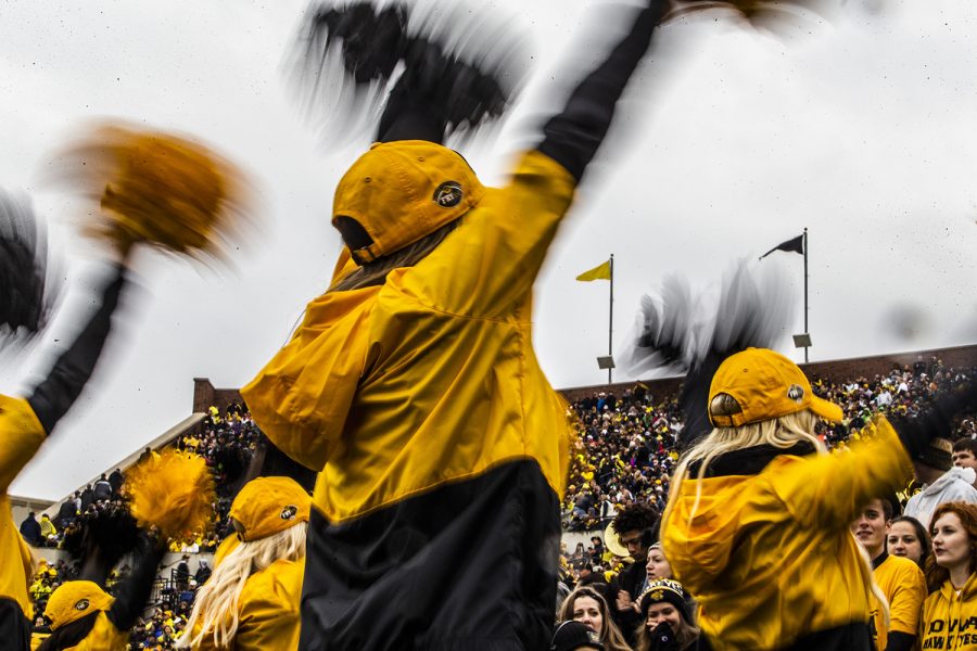 Iowa cheerleaders celebrate a field goal made by kicker Keith Duncan during the Iowa football game against Purdue at Kinnick Stadium on Saturday, Oct. 19, 2019. The Hawkeyes defeated the Boilermakers 26-20.