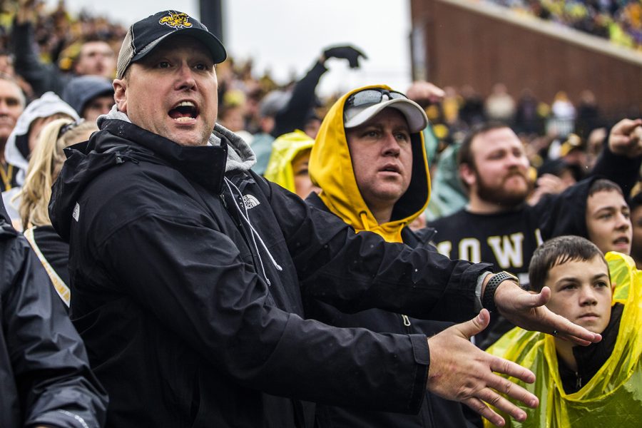 Iowa fans react to a call during the Iowa football game against Purdue at Kinnick Stadium on Saturday, Oct. 19, 2019. The Hawkeyes defeated the Boilermakers 26-20.