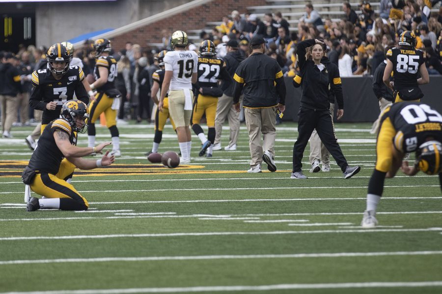 Iowa players warm up before the football game against Purdue at Kinnick Stadium on Saturday, Oct. 19, 2019. (Jenna Galligan/The Daily Iowan)