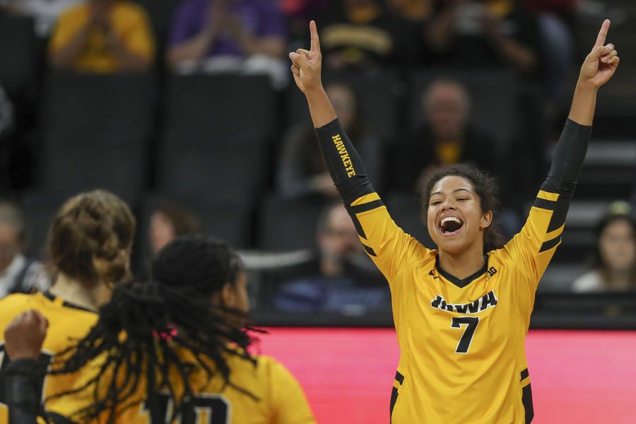 Iowa setter Brie Orr celebrates a point during the Iowa volleyball game against Indiana at Carver Hawkeye Arena on Sunday, Oct. 20, 2019. The Hawkeyes defeated the Hoosiers 3-1.