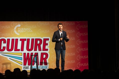 Turning Point USA Founder Charlie Kirk speaks to an audience during his “Culture War” tour at the Iowa Memorial Union on Wednesday, October 23, 2019. 
