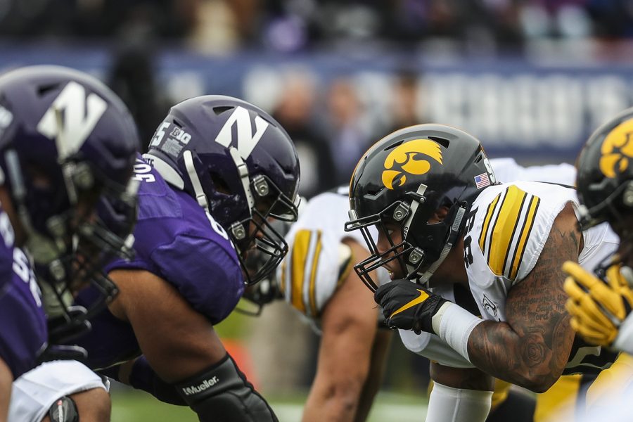 Iowa defensive lineman Noah Shannon prepares for to run a play during the Iowa vs. Northwestern football game at Ryan Field on Saturday, October 26, 2019. The Hawkeyes defeated the Wildcats 20-0. Shannon had a total of one tackle during the game.