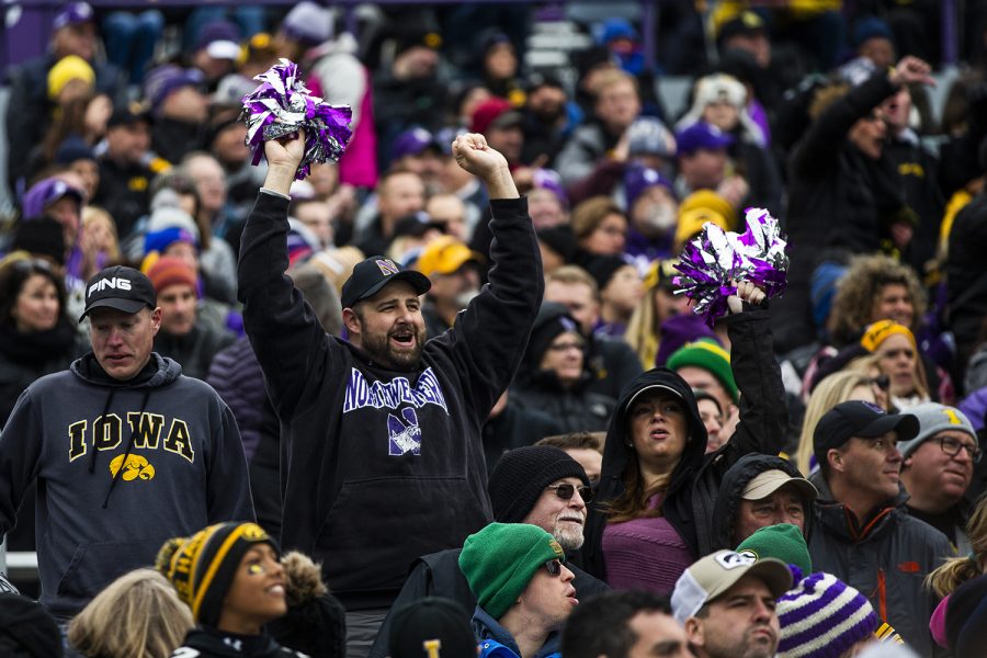 Northwestern fans cheer during the Iowa vs. Northwestern football game at Ryan Field on Saturday, October 26, 2019. The Hawkeyes defeated the Wildcats 20-0.