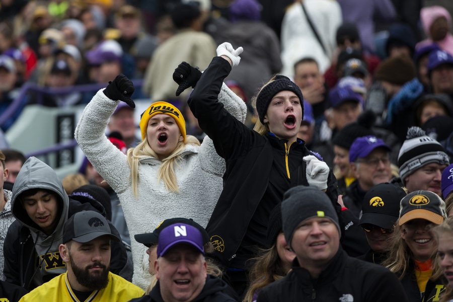 Iowa fans react to a call during the Iowa vs. Northwestern football game at Ryan Field on Saturday, October 26, 2019. The Hawkeyes defeated the Wildcats 20-0.