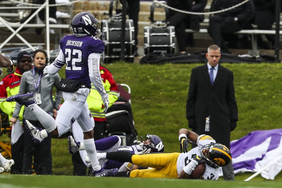 Iowa wide receiver Tyrone Tracy, Jr. scores a touchdown during the Iowa vs. Northwestern football game at Ryan Field on Saturday, October 26, 2019. The Hawkeyes defeated the Wildcats 20-0. 